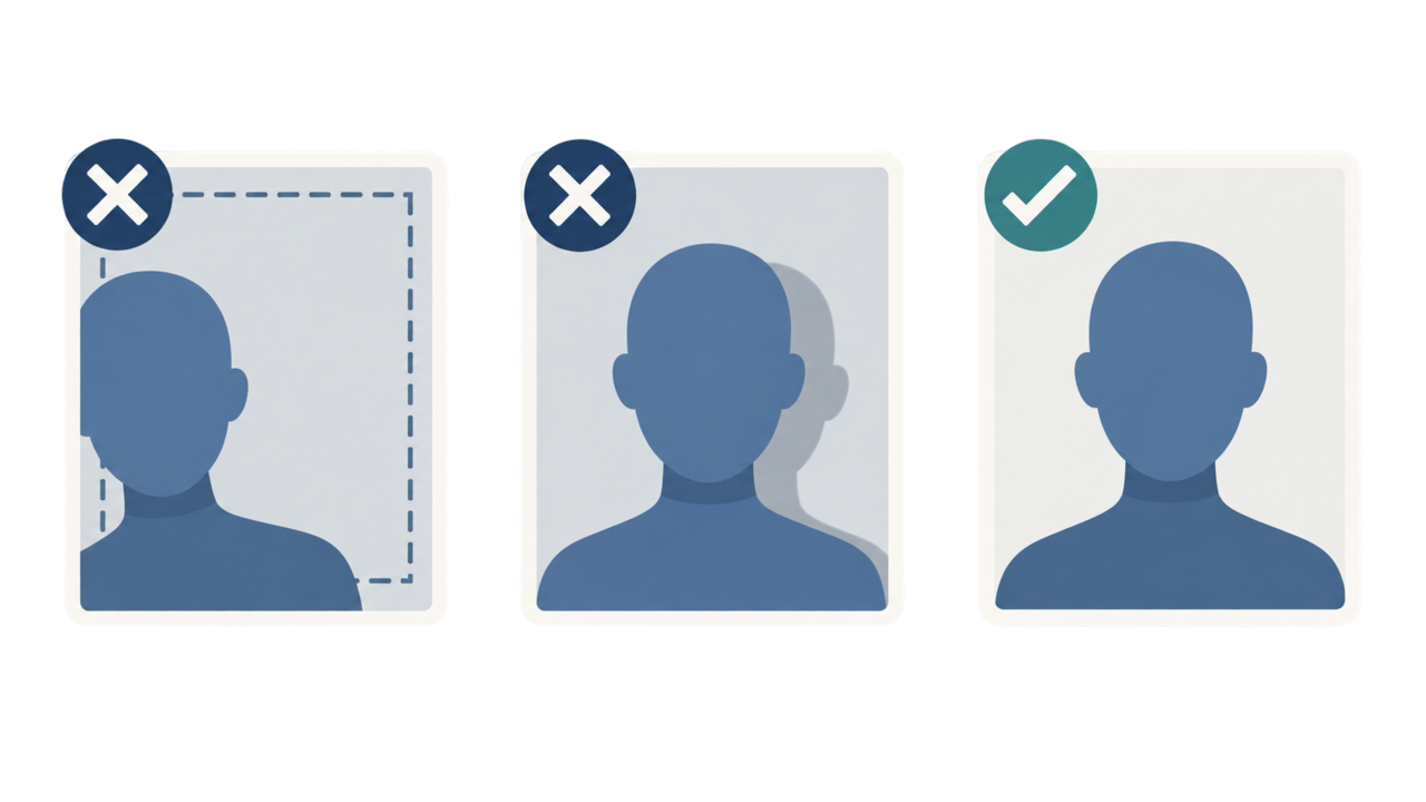 Abstract panels showing common visa photo mistakes