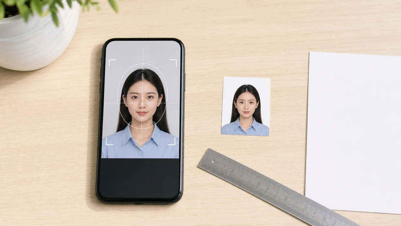 スマートフォン・定規・証明写真プリントで35 x 45mm の Canada visa 写真の切り抜きを確認する場面