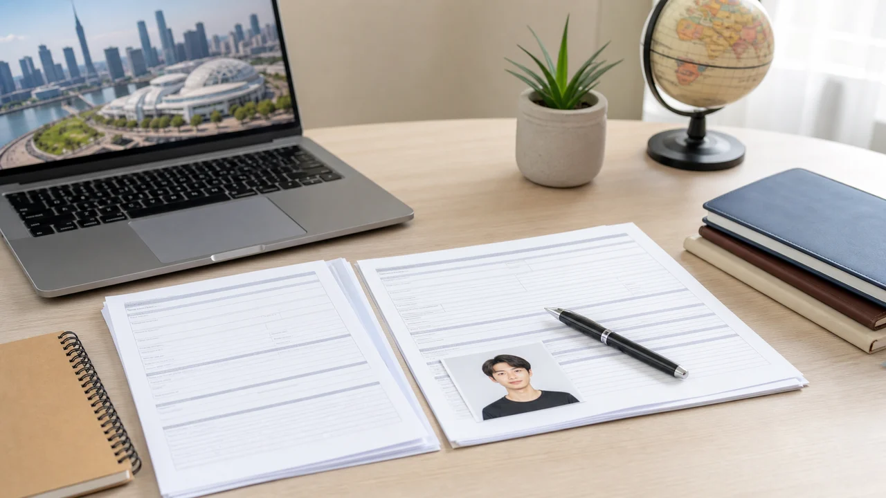 ノートPC・許可証申請書類・ペン・証明写真プリントが並ぶ Study/Work Permit 準備のデスク