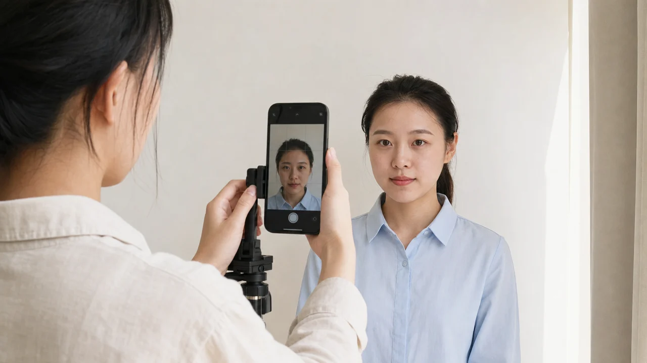 明るい単色の壁を背景に、柔らかい自然光の中でスマートフォンをセットする証明写真の撮影場面