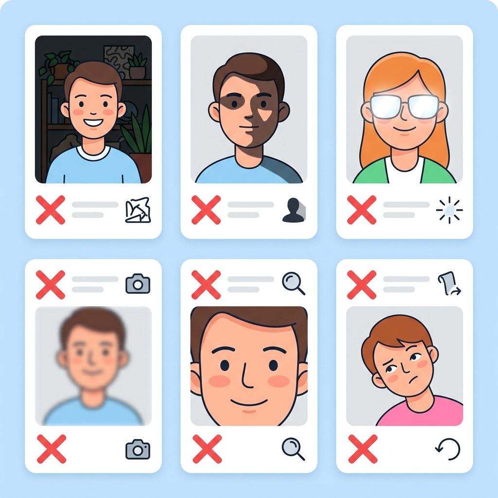 Common rejection visual examples including glasses reflection, bad background, tilted head, smile, and shadows