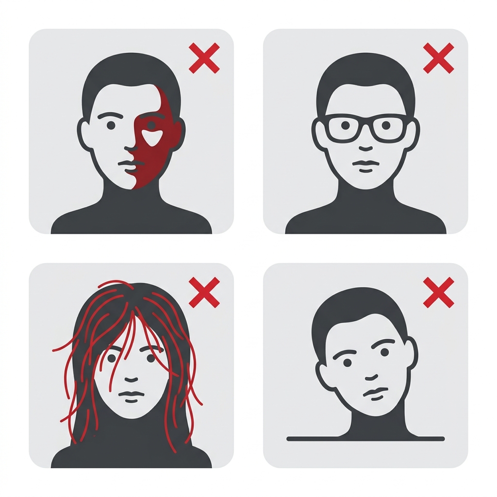 Common visual errors for visa photo submissions including tilted head, thick glasses, face shadow, and bangs covering eyebrows