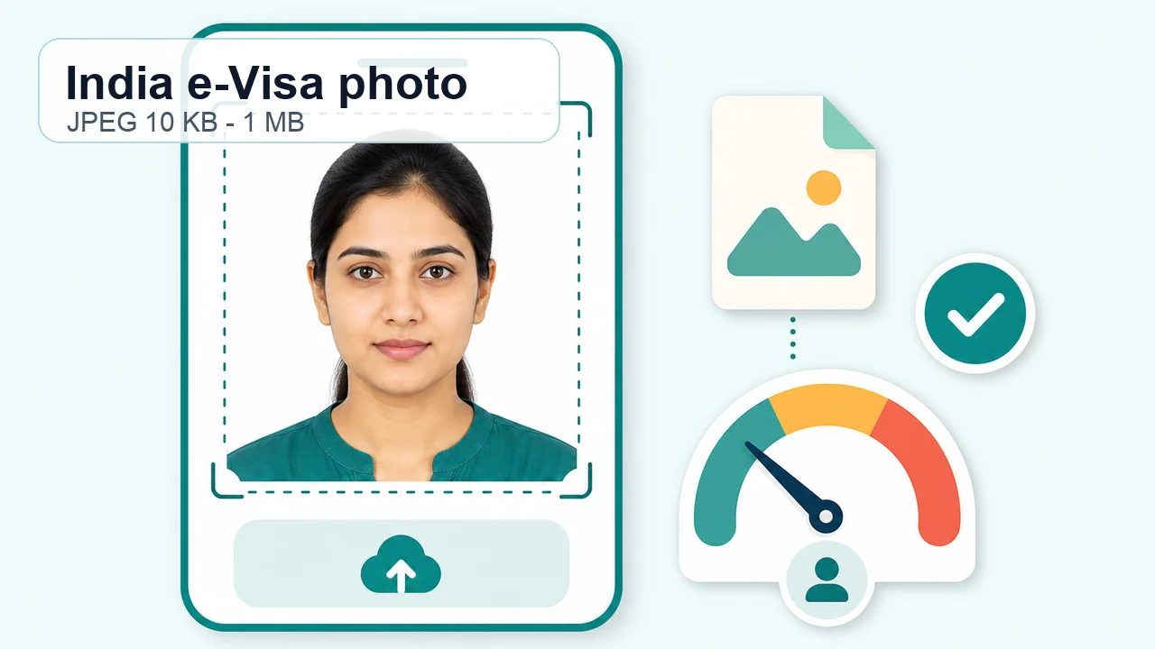Diagram of an India e-Visa square JPEG photo with plain background and upload size check