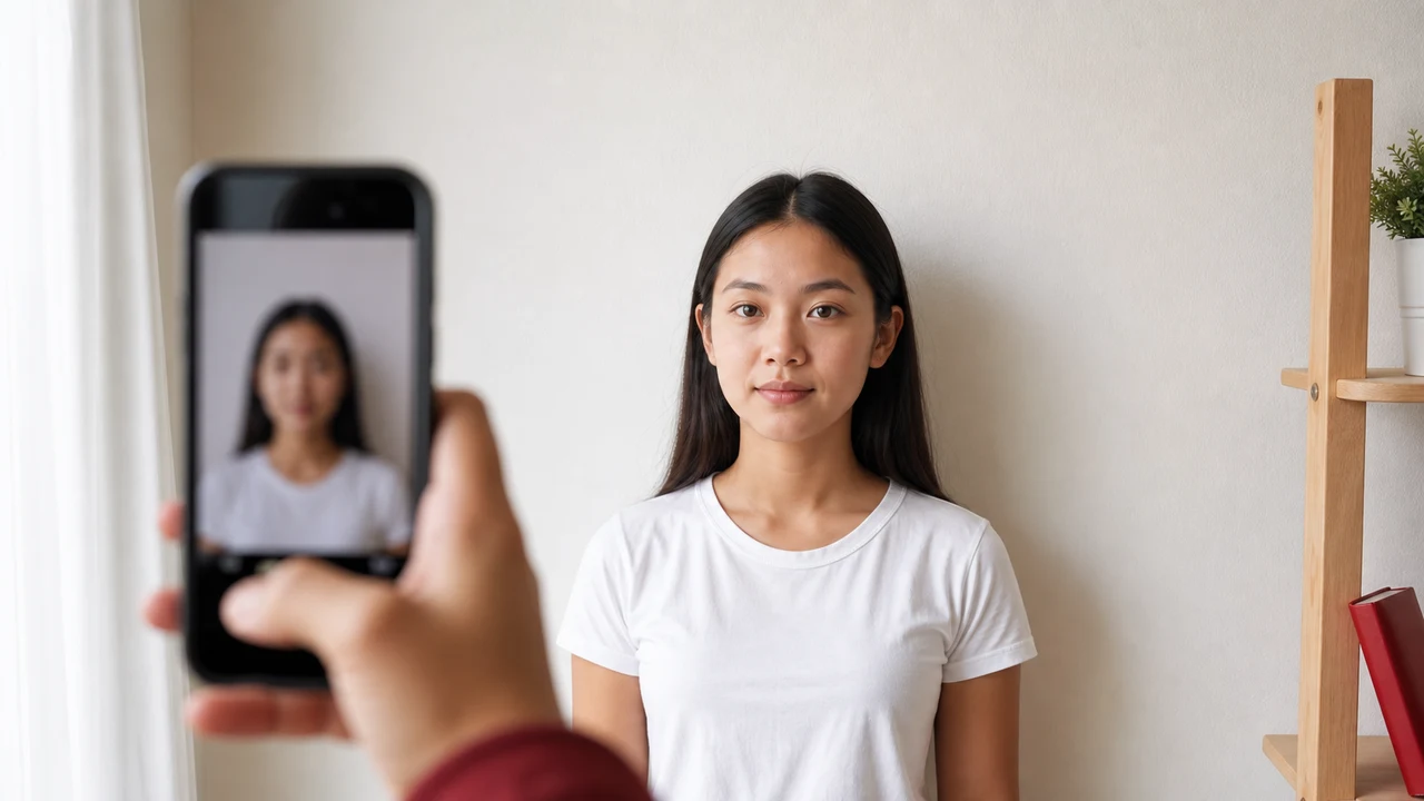 無地の背景でiPhoneを使い、正面を向いたIndonesia eVisa用写真を撮る図