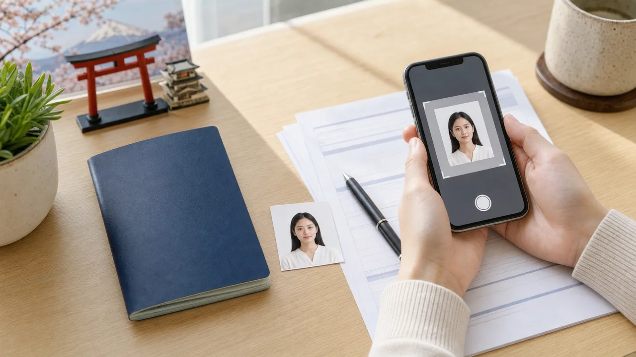 Japan eVISA face photo prepared on an iPhone with passport documents