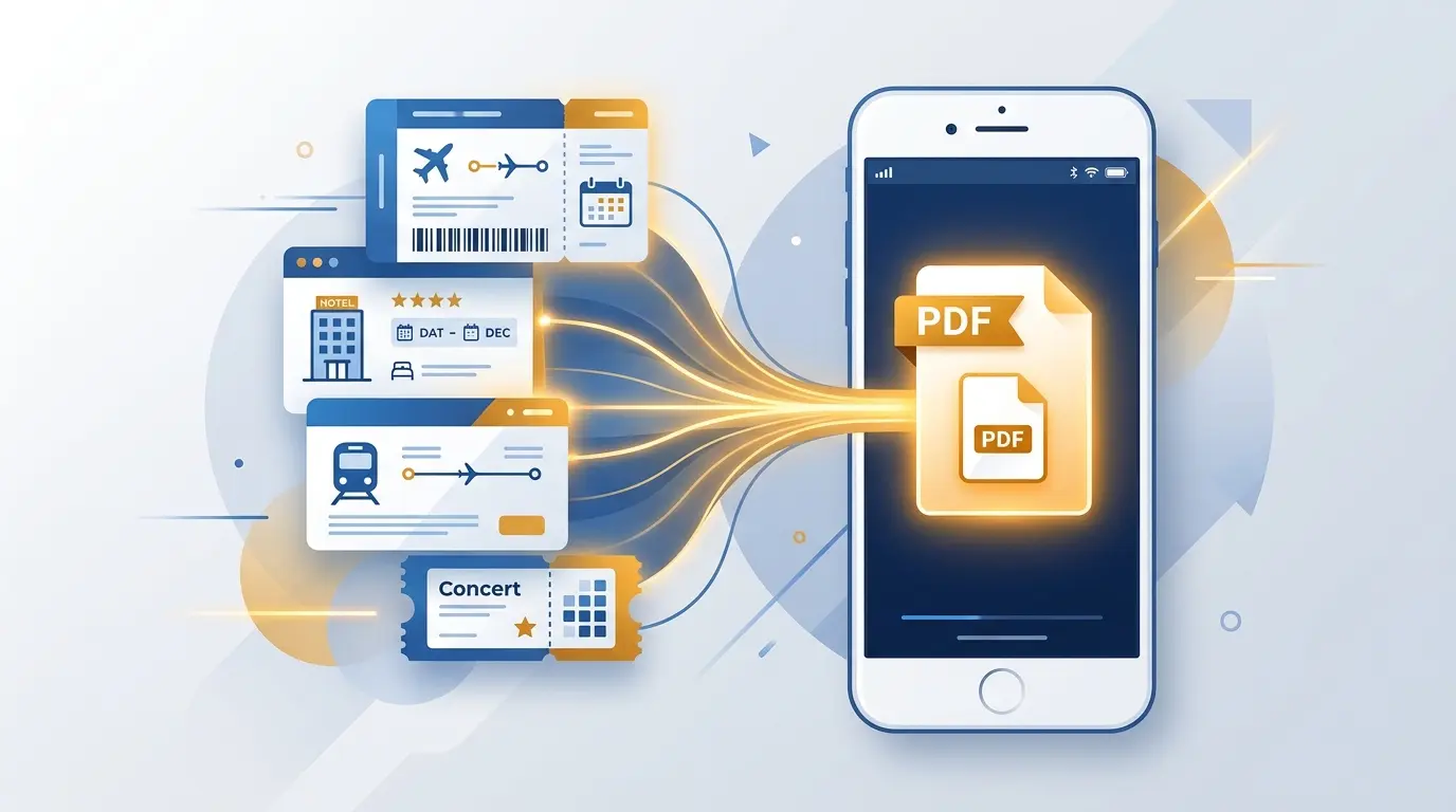 Organizing various travel and financial documents into a single PDF file on a mobile device