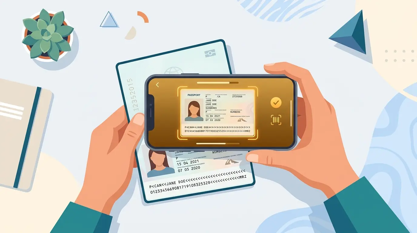 Scanning a passport bio page with a smartphone, avoiding glare and shadows