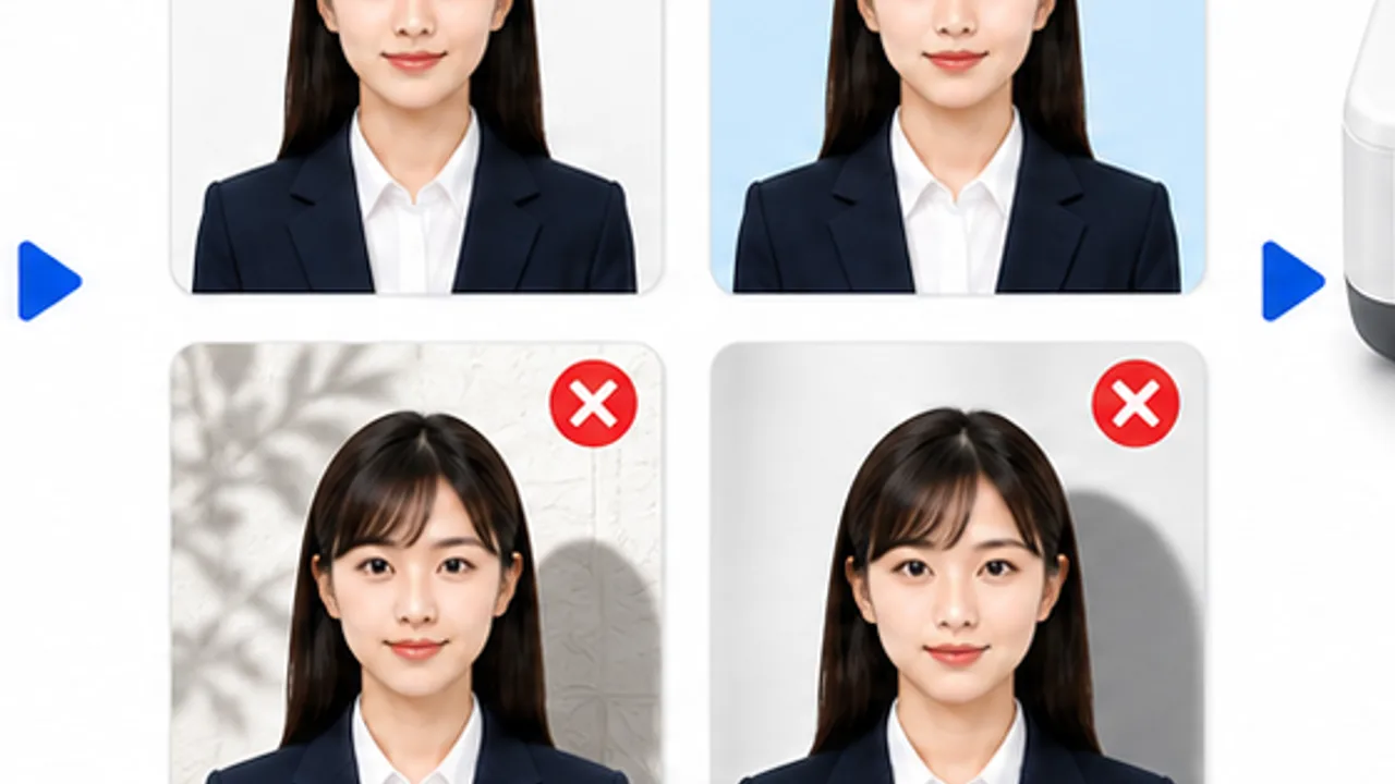 運転免許証写真の影、背景、顔サイズ、メガネ、加工などのNG例を比較する図解