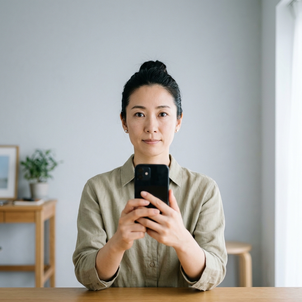 自宅でスマホを使って運転免許証用の写真を準備する様子