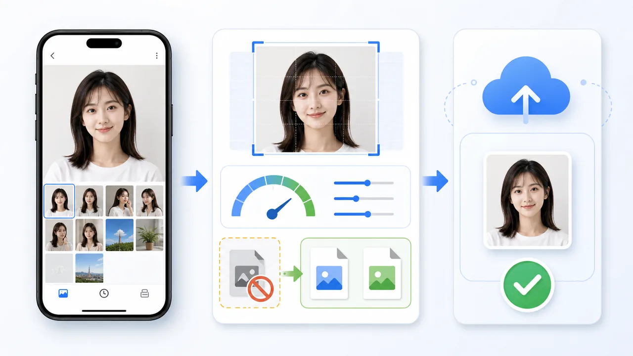iPhoneのHEIC写真をマイナンバーカードオンライン申請用JPEG/JPGへ保存する流れの図解