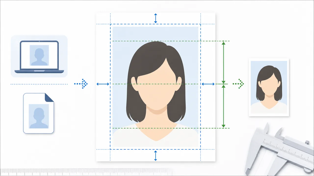マイナンバーカード写真の45mm×35mm、顔の大きさ、頭上余白を示す図解