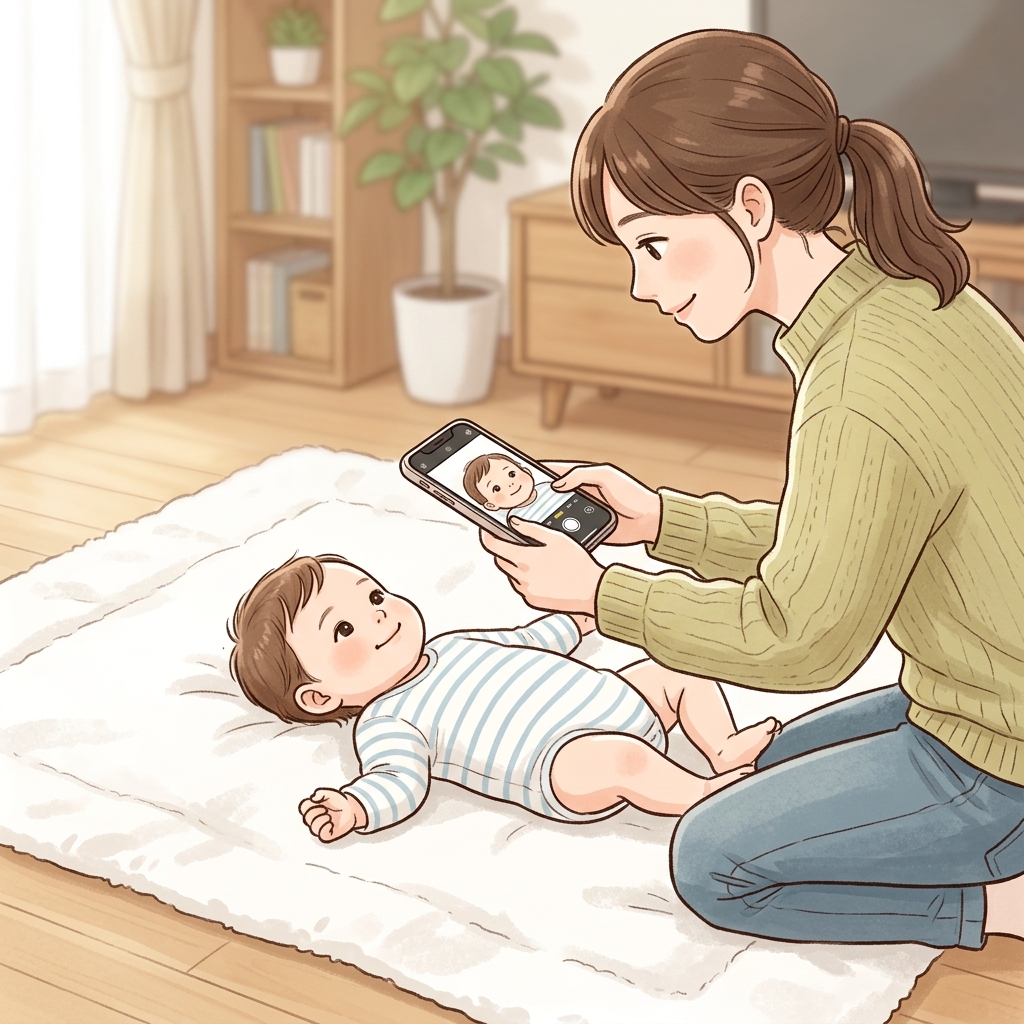 白いシーツの上に赤ちゃんを寝かせてスマホで上から撮影する様子のイラスト