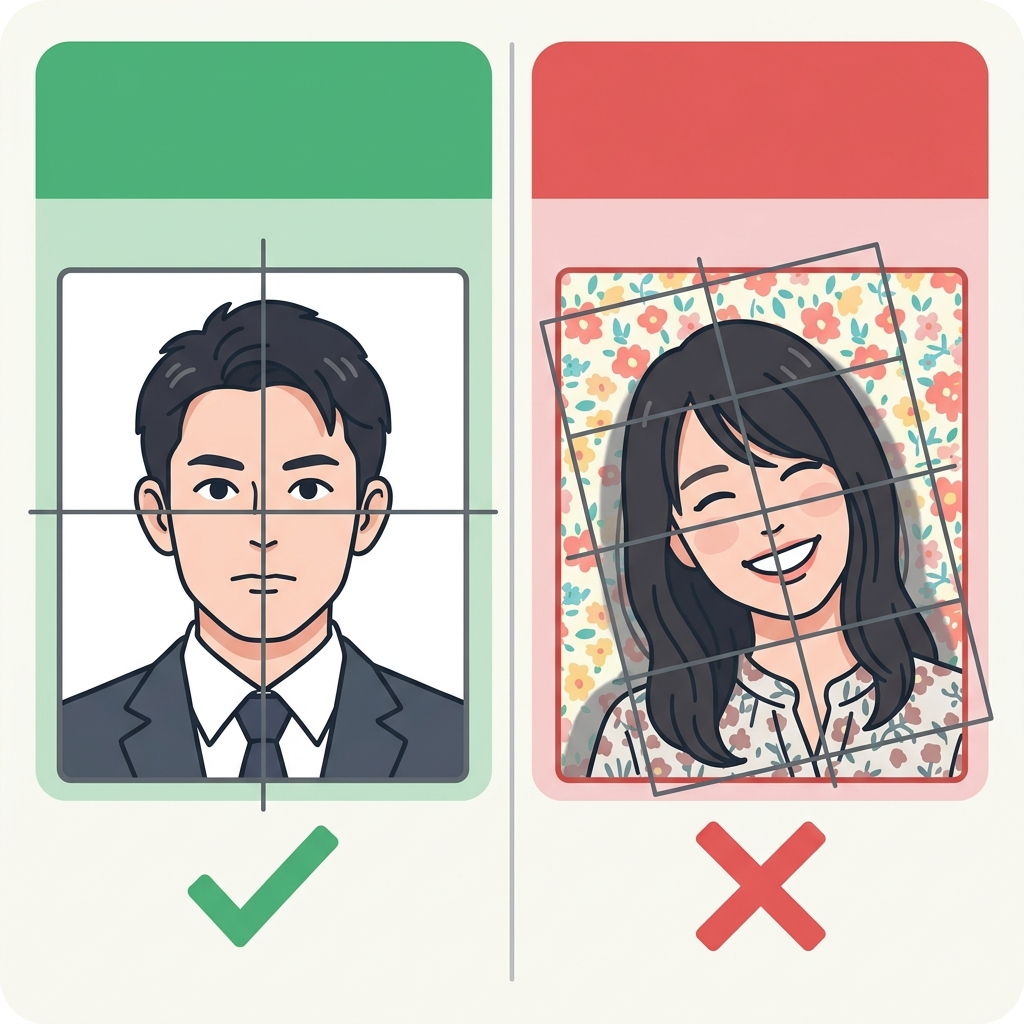 マイナンバーカード写真の適切例と不適切例のイラスト比較