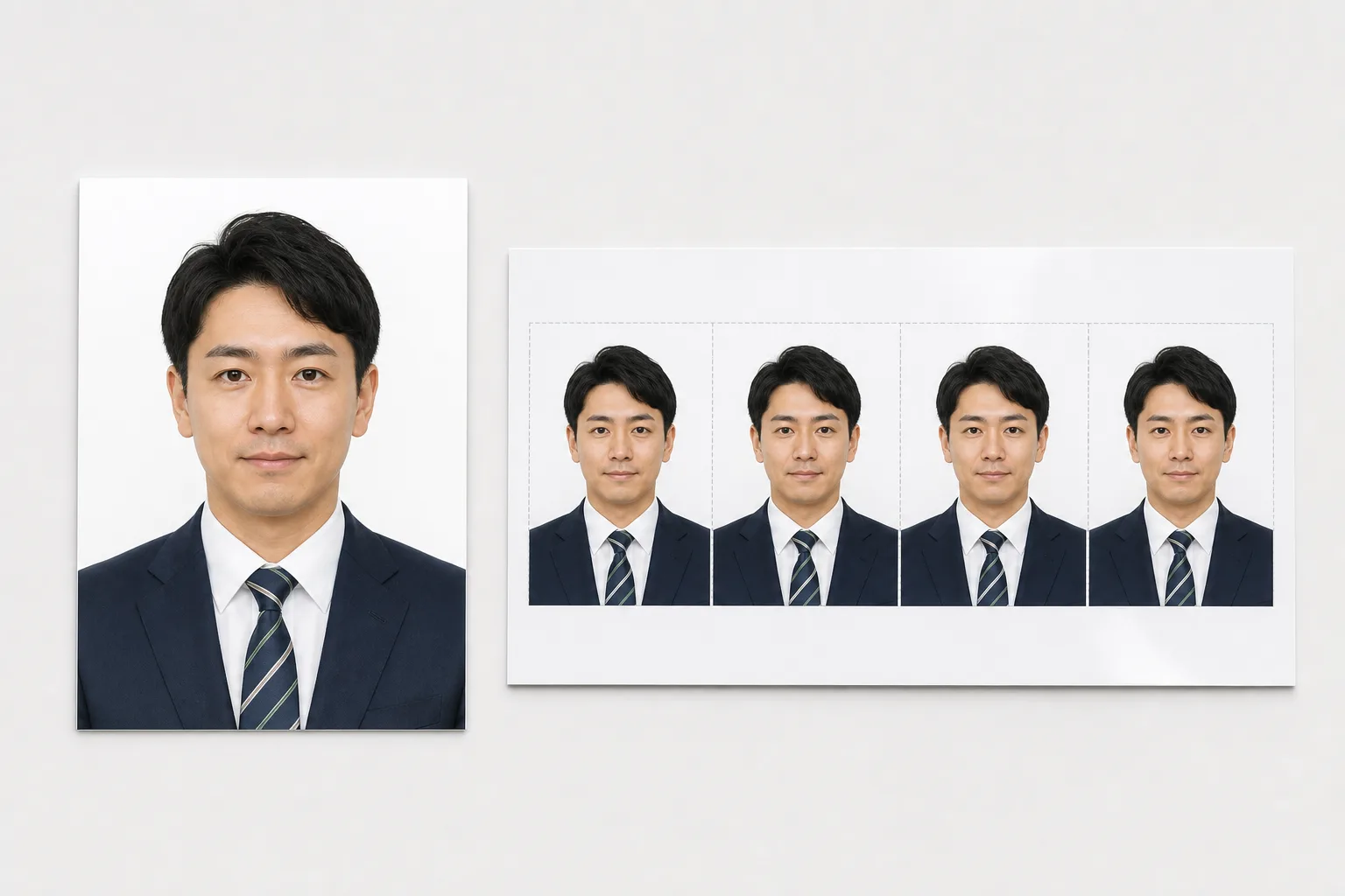 マイナンバーカード申請用のオンライン写真と4枚印刷レイアウトの完成イメージ