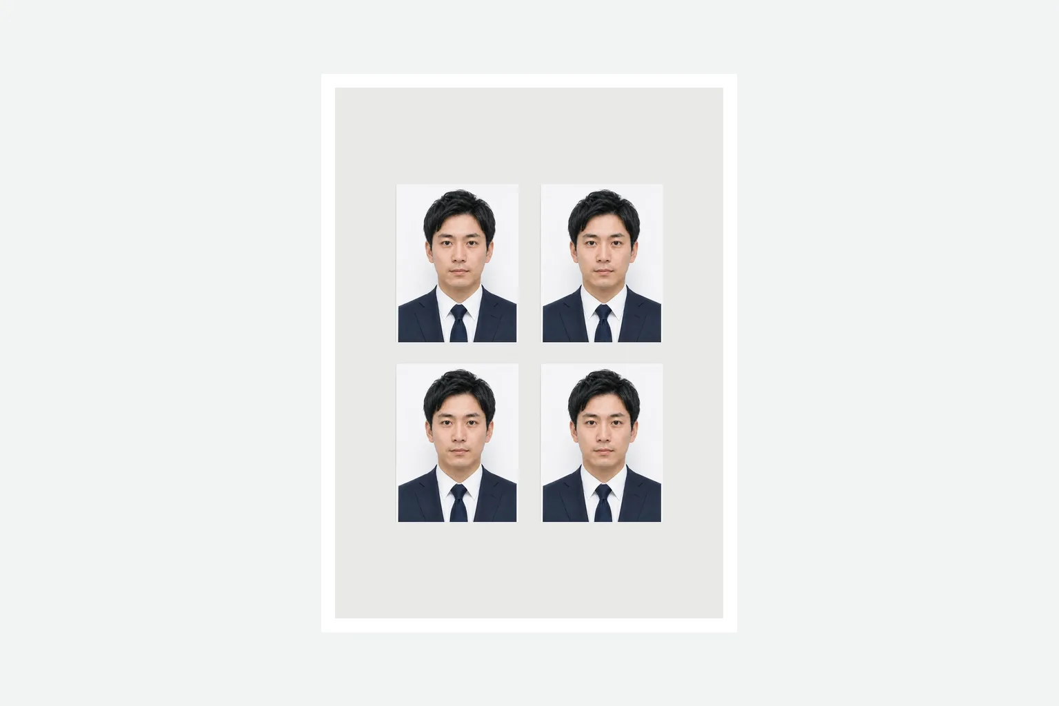 日本のパスポート申請用写真を2列2段で4枚配置した印刷イメージ