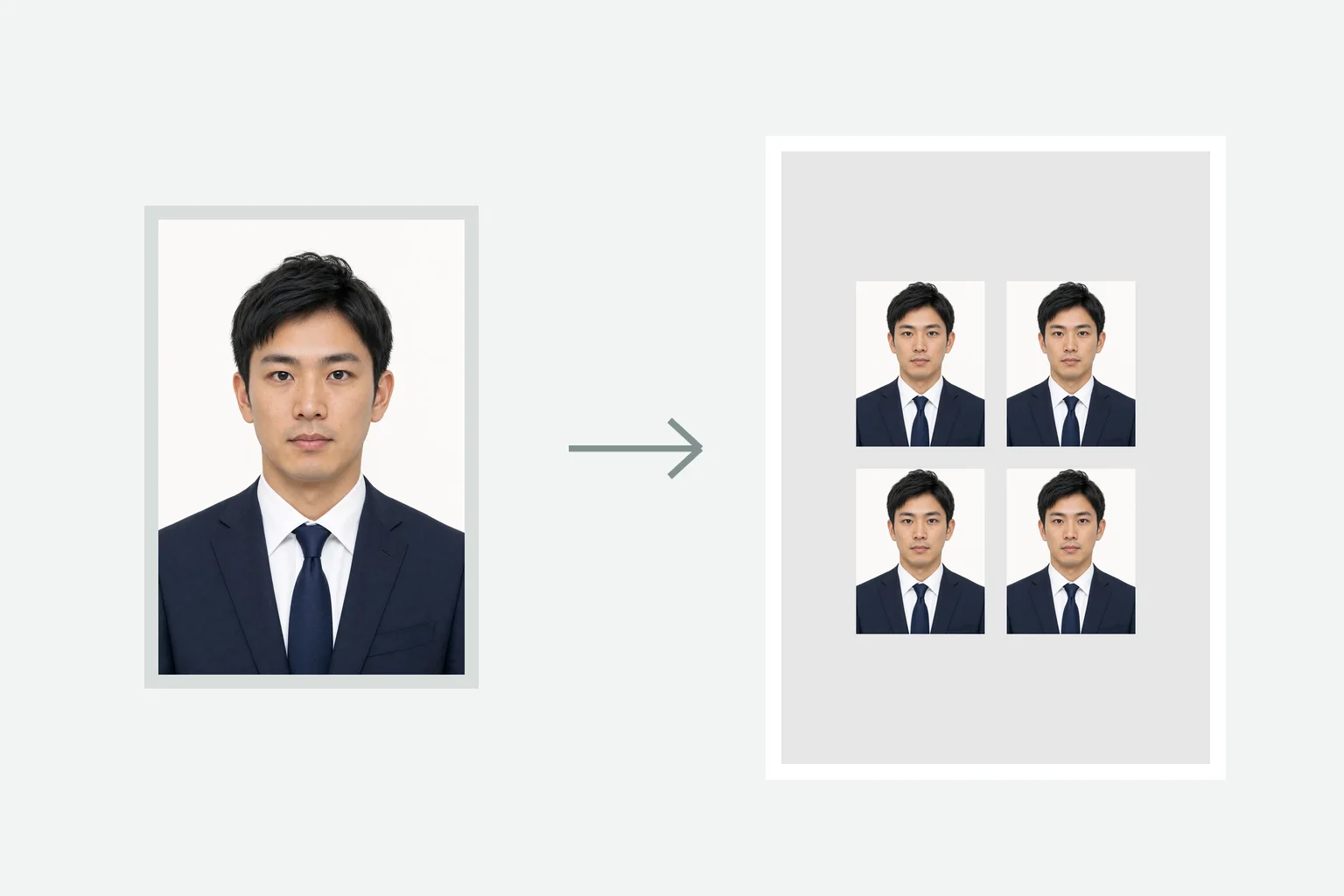 スーツ姿の若い日本人の元写真を海技士国家試験用の印刷データへ整えるイメージ