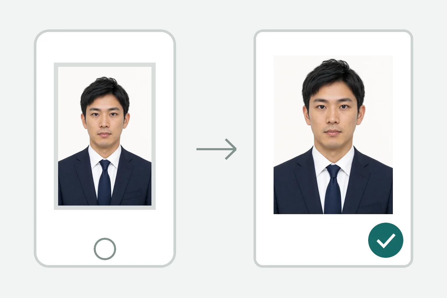 スーツ姿の若い日本人の元写真を建築設備士登録用のオンライン申込写真へ整えるイメージ