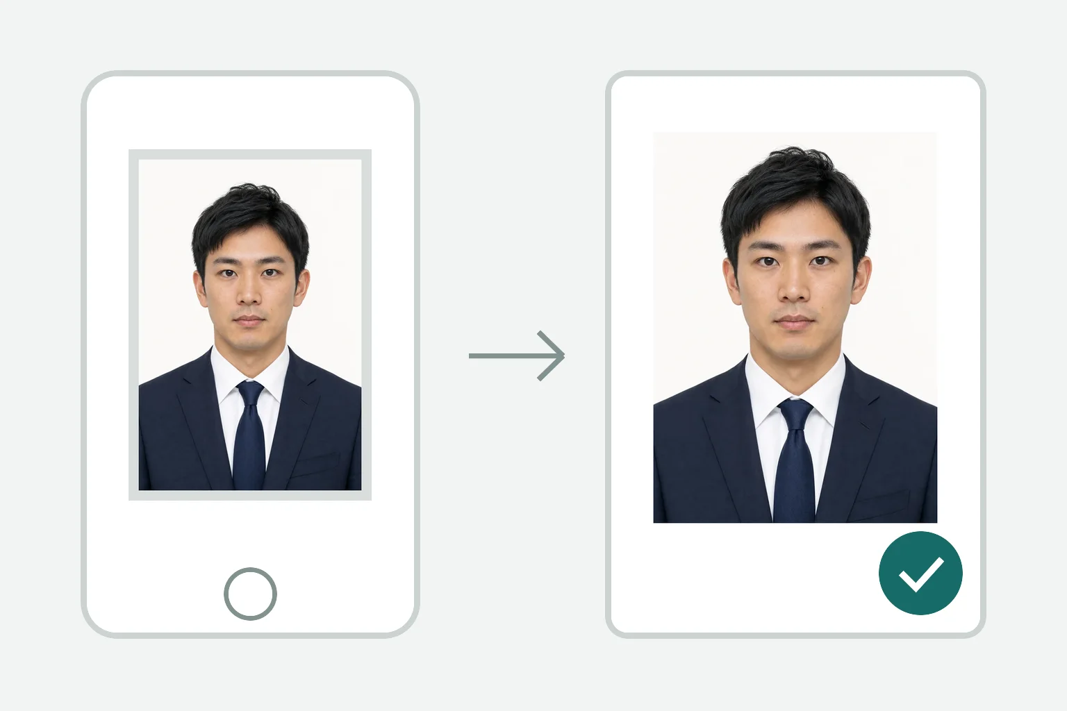 スーツ姿の若い日本人の元写真を一級建築士試験用のオンライン申込写真へ整えるイメージ