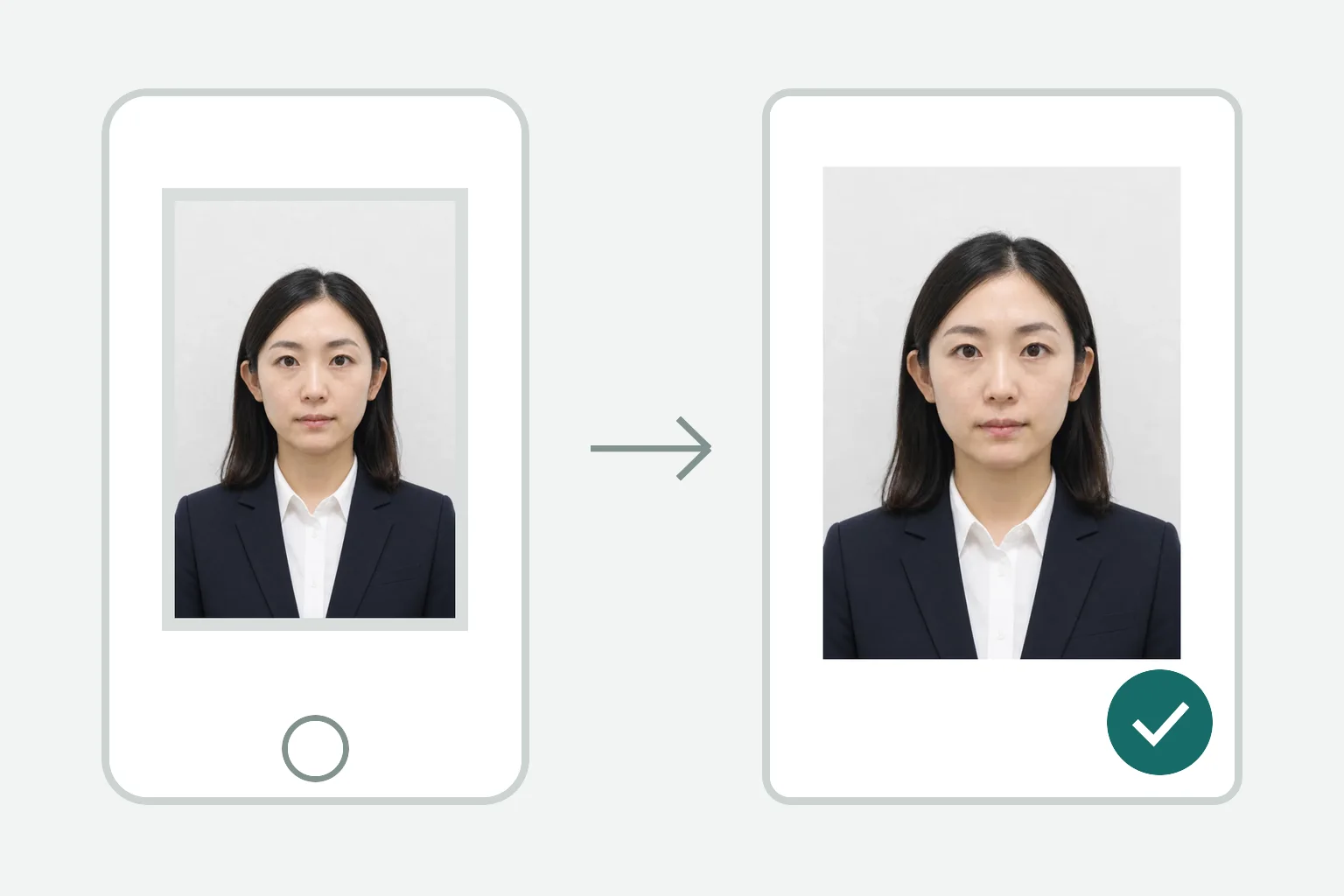 スーツ姿の若い日本人の元写真を二級建築士試験用のオンライン申込写真へ整えるイメージ