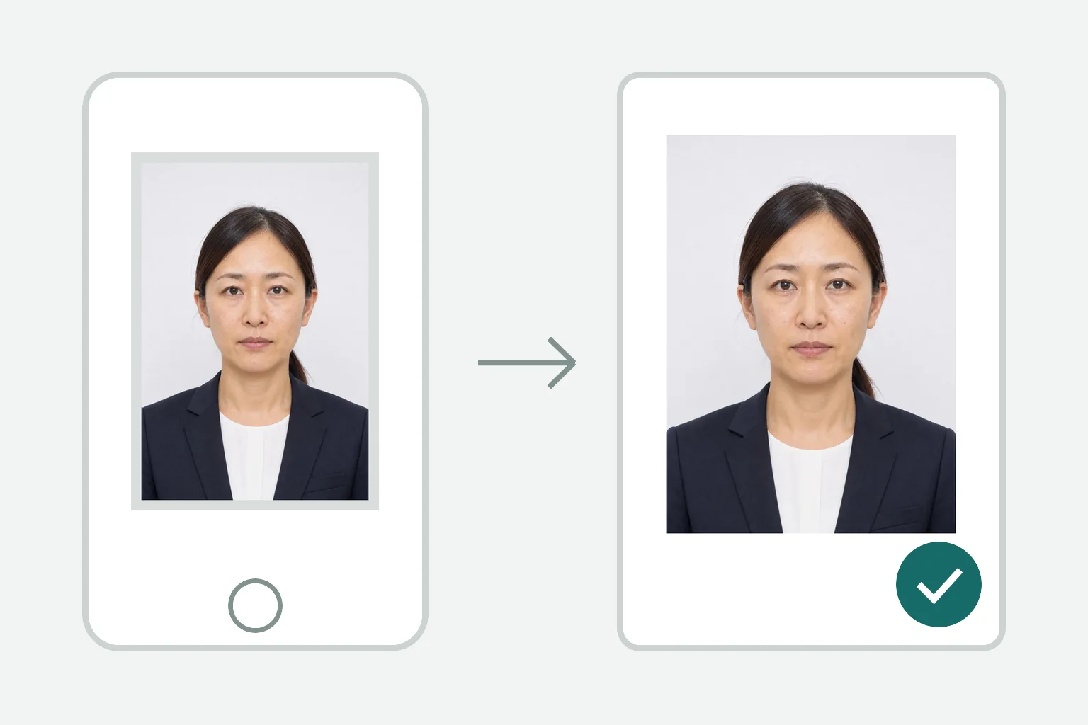 スーツ姿の若い日本人の元写真を木造建築士試験用のオンライン申込写真へ整えるイメージ