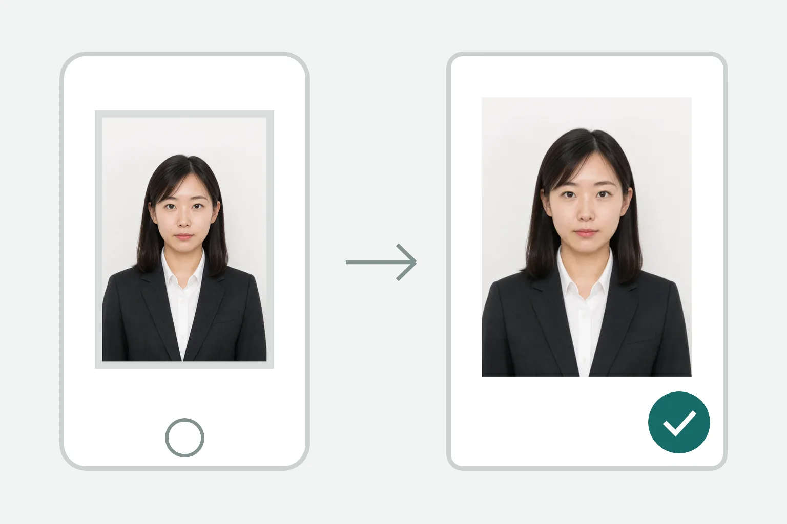 スーツ姿の若い日本人の元写真を建設業経理試験用のオンライン申込写真へ整えるイメージ