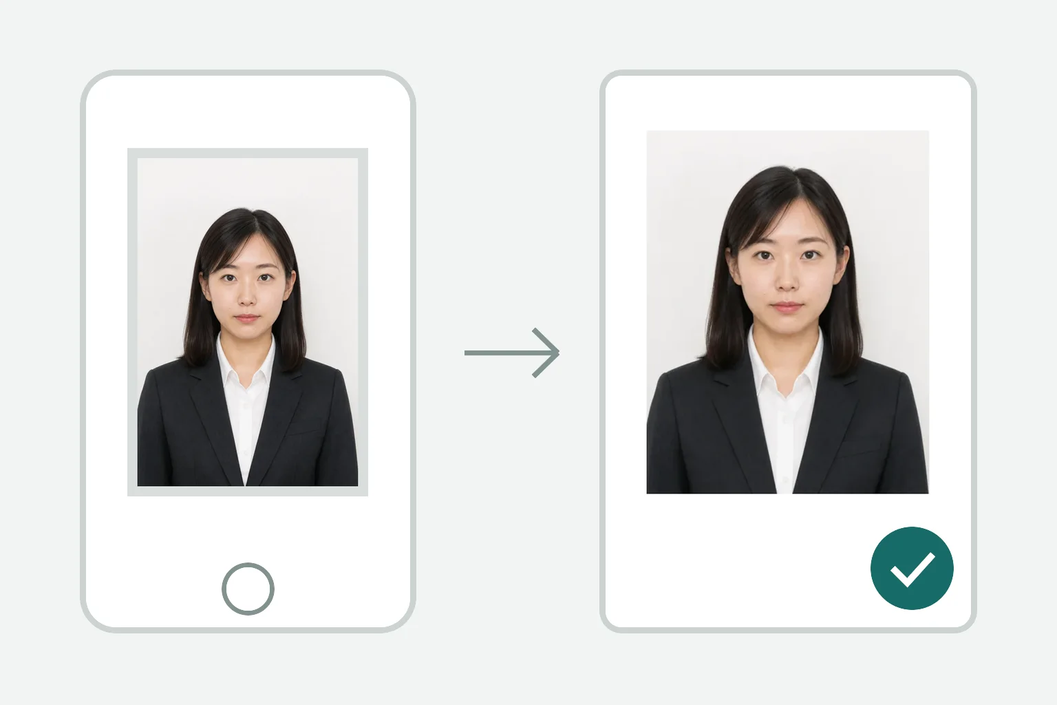 スーツ姿の若い日本人の元写真を電気工事施工管理技士試験用のオンライン申込写真へ整えるイメージ