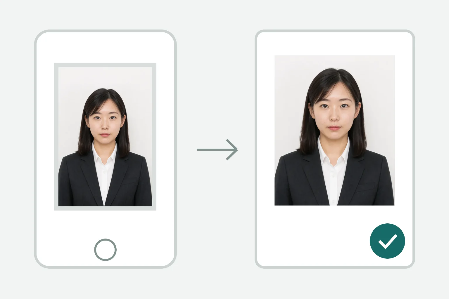 スーツ姿の若い日本人女性の元写真を宅建試験のオンライン申込写真へ整えるイメージ