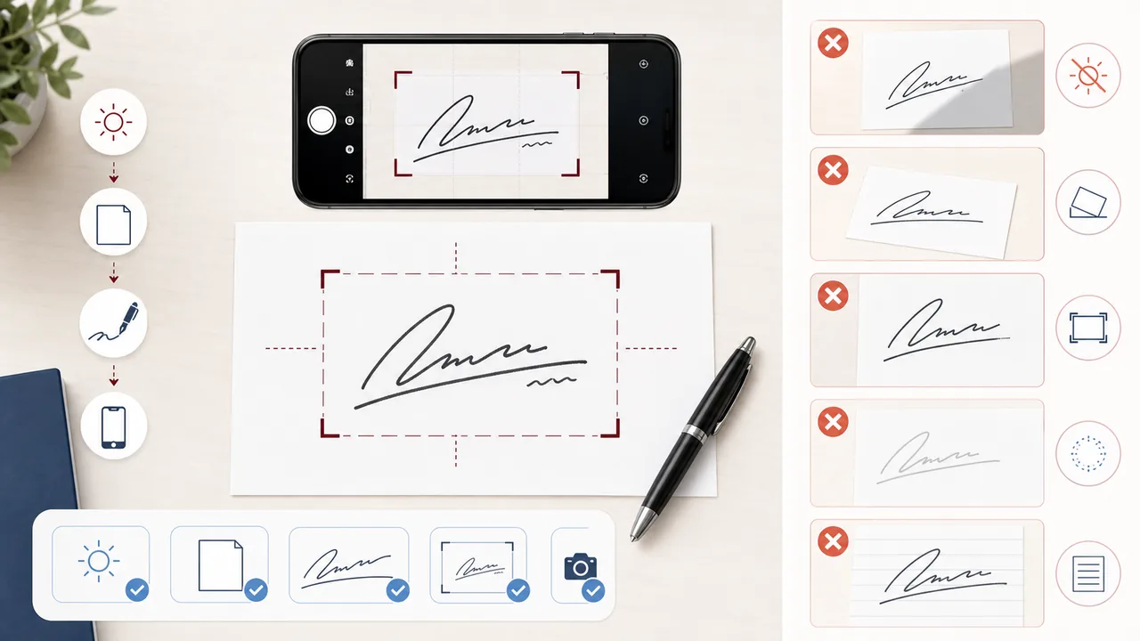 白い紙に署名し、スマホで撮影して自署画像として切り抜く流れの図解