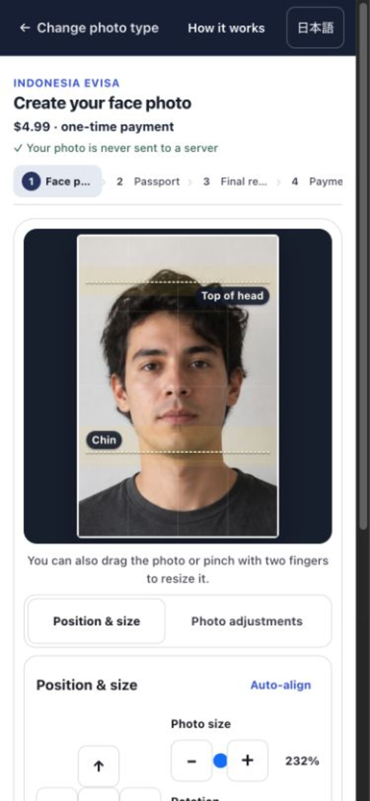 A mobile photo editor with guides for adjusting the face photo position and size.