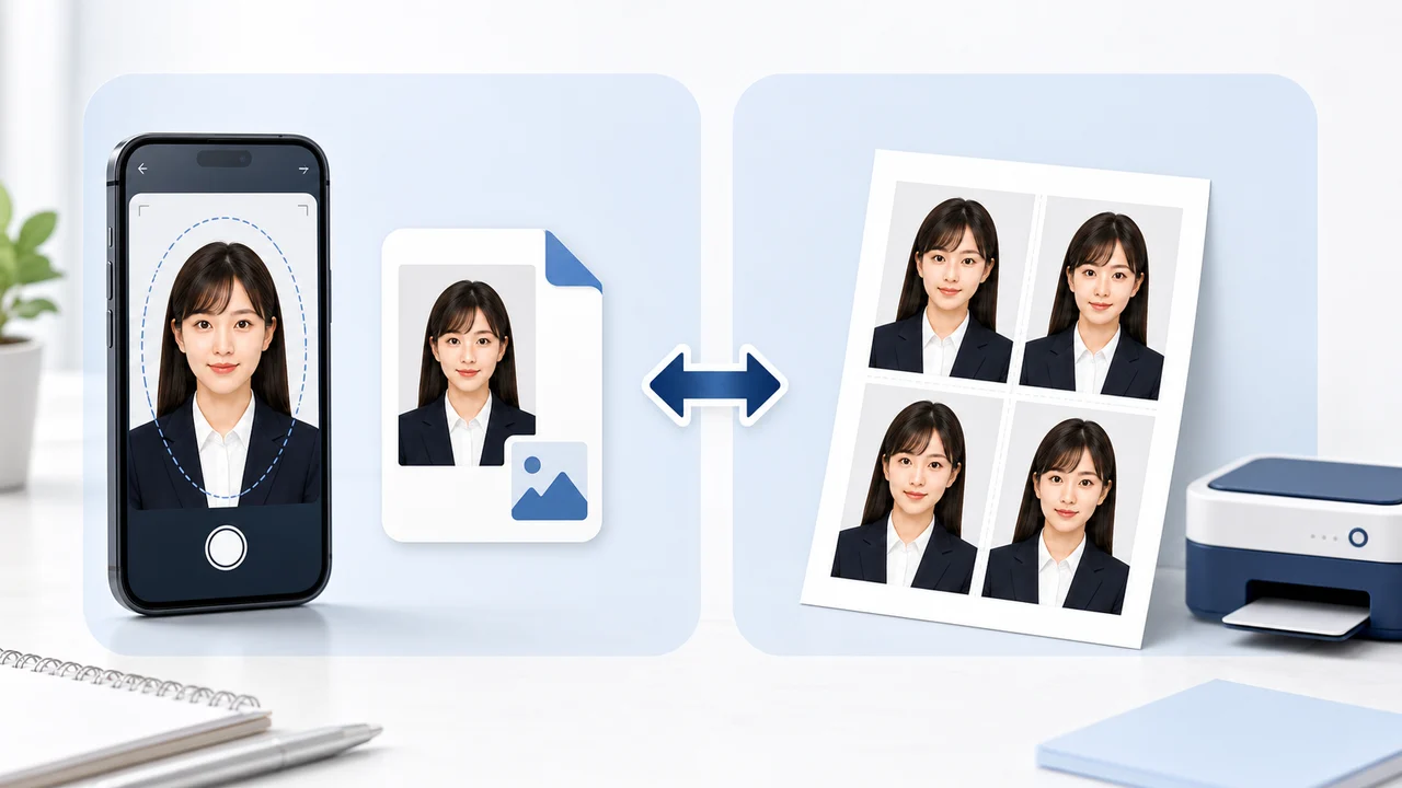 履歴書写真の印刷用データとWeb応募用JPEGデータの違いを示す図解