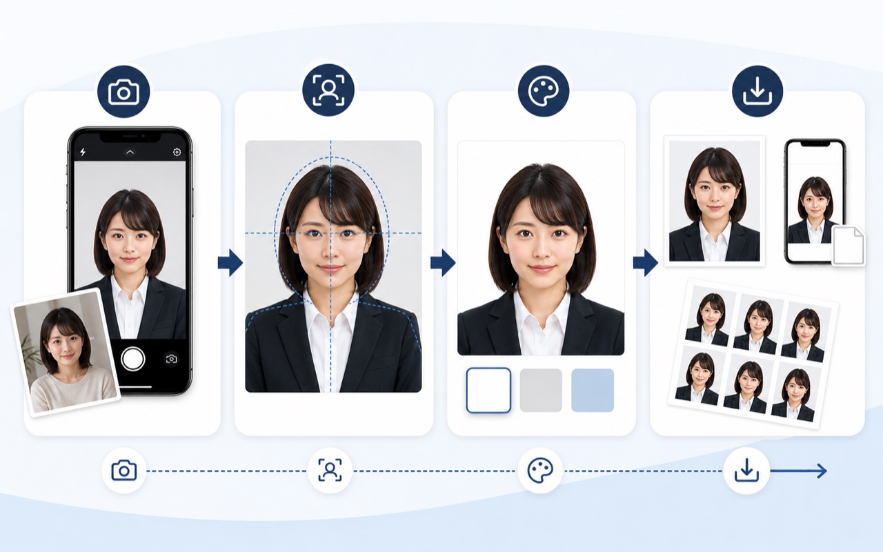 かんたん履歴書写真で撮影、顔位置調整、背景調整、履歴書用・Web応募用・印刷用として保存する流れ