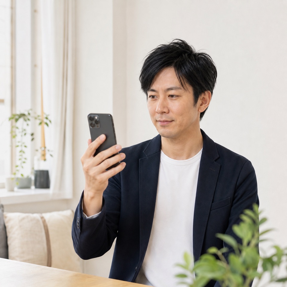 自宅でiPhoneを使って履歴書写真を準備する日本人の求職者