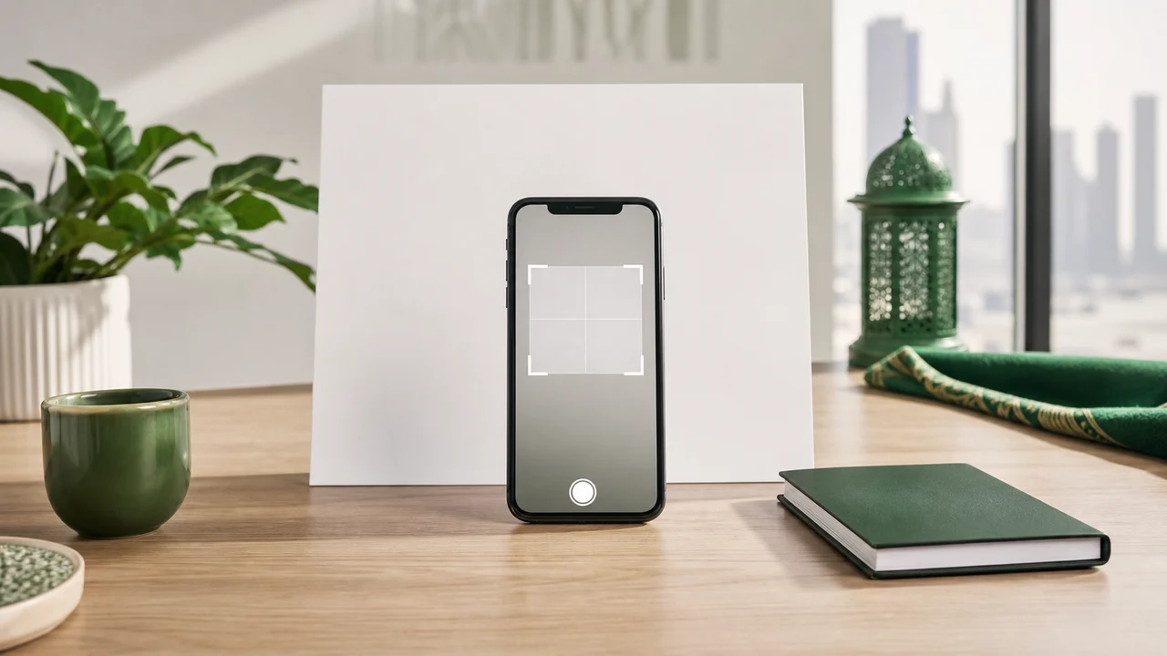 Saudi eVisa photo preparation workspace with smartphone and square crop preview