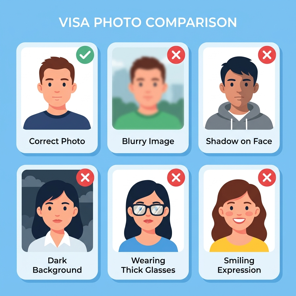 Common mistakes diagram showing shadows, glasses frame, incorrect size for Schengen visa photo