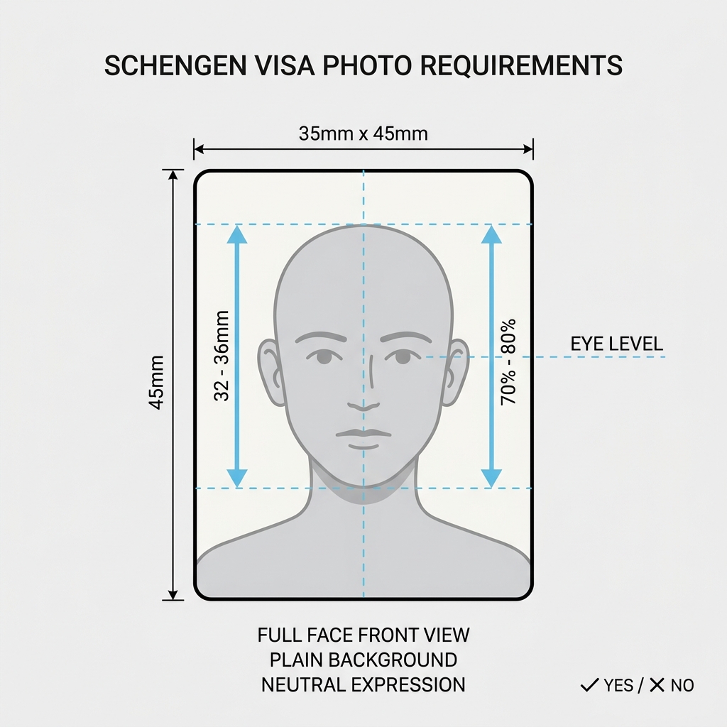 Face position specs, 35x45 mm size guide illustration for Schengen visa
