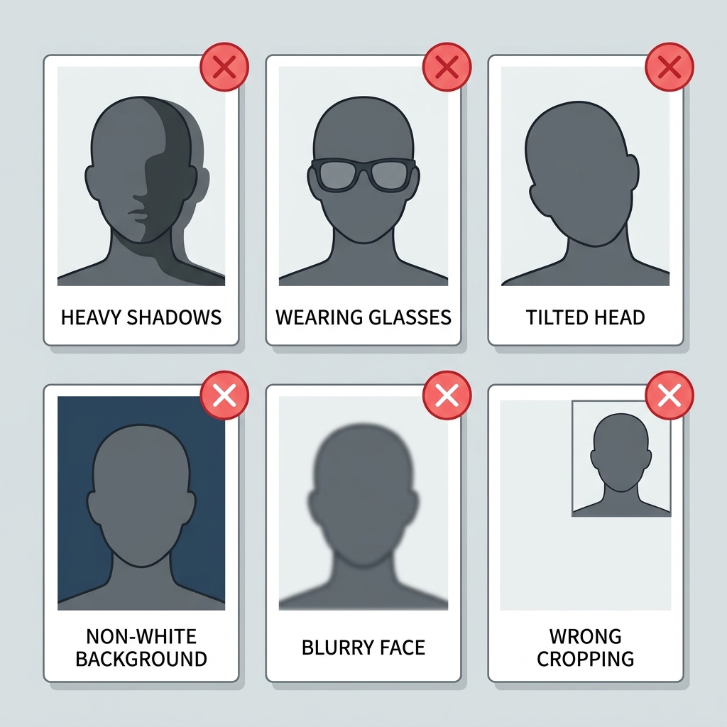 Common rejection visual examples including glasses reflection, bad background, tilted head, smile, and shadows