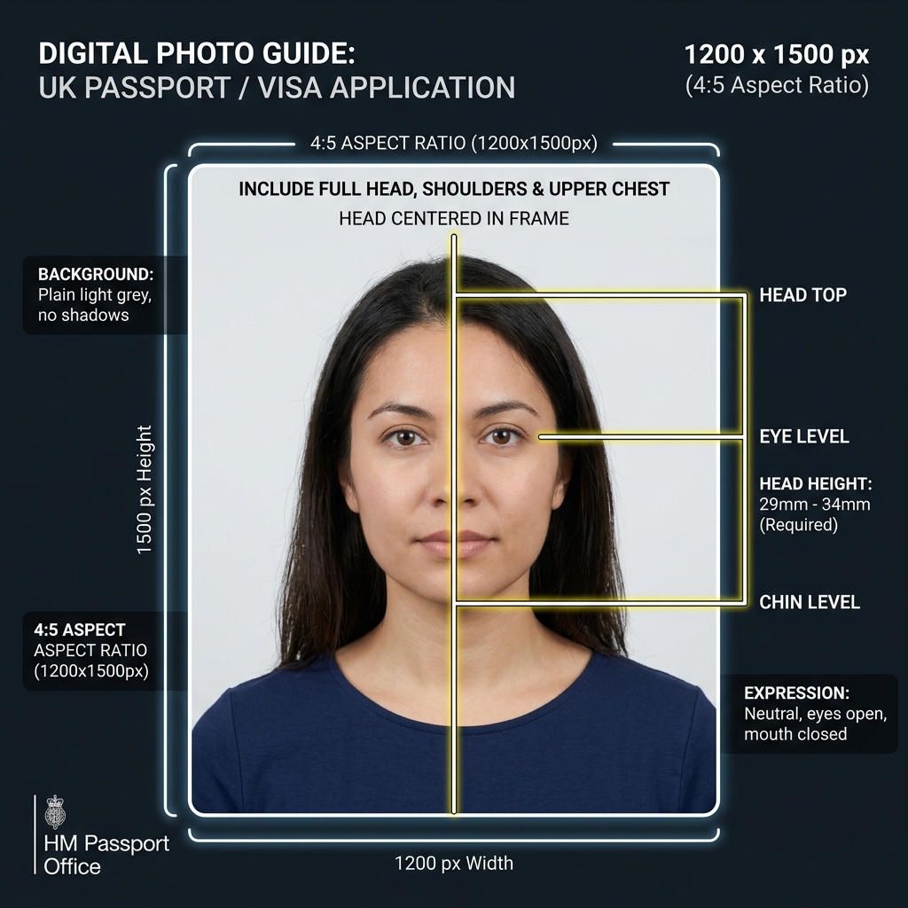 Face height chin to crown, eye line placement, layout margins illustration for UK passport and visa