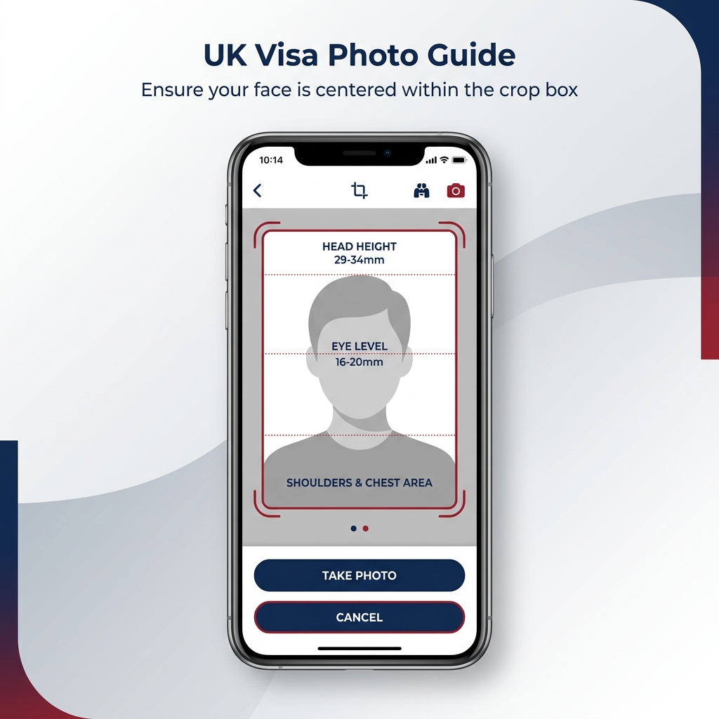 Smartphone screen showing framing tool for UK passport and visa photo, including head shoulders and upper body
