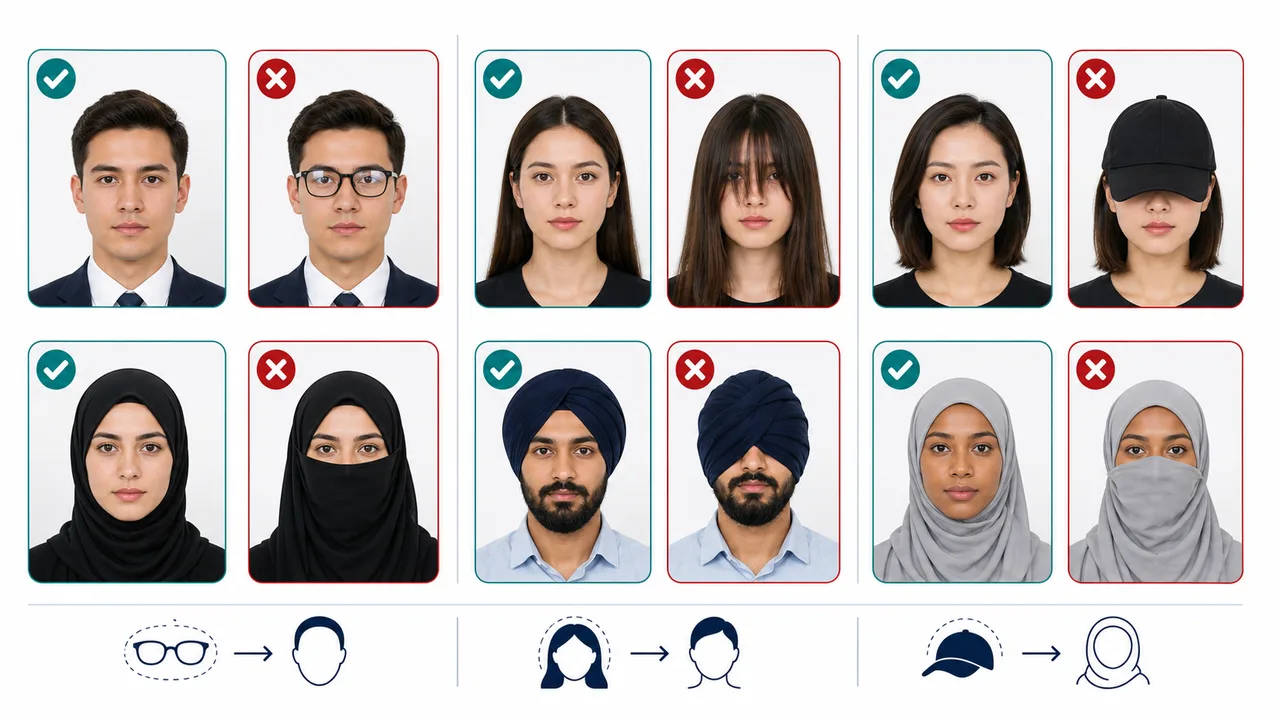Vergelijking voor brillen, haar en hoeden bij VS-visumfoto's