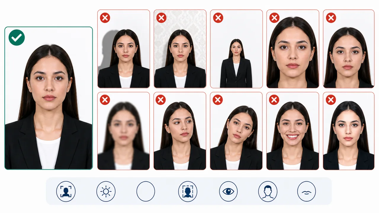 OK- en NG-voorbeelden van fouten bij VS-visumfoto's