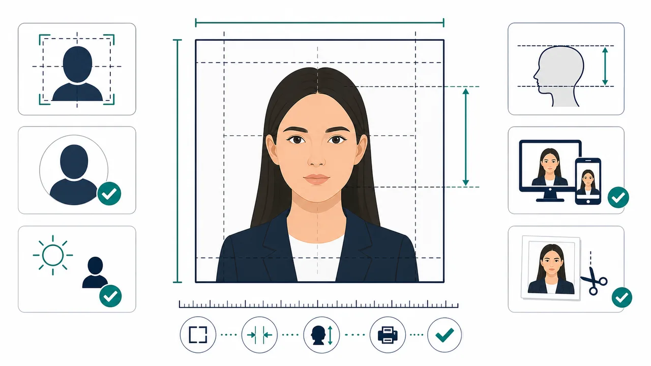 Diagram van VS-visumfoto afmeting, vierkante pixels, 2 x 2 inch afdruk en hoofdverhouding