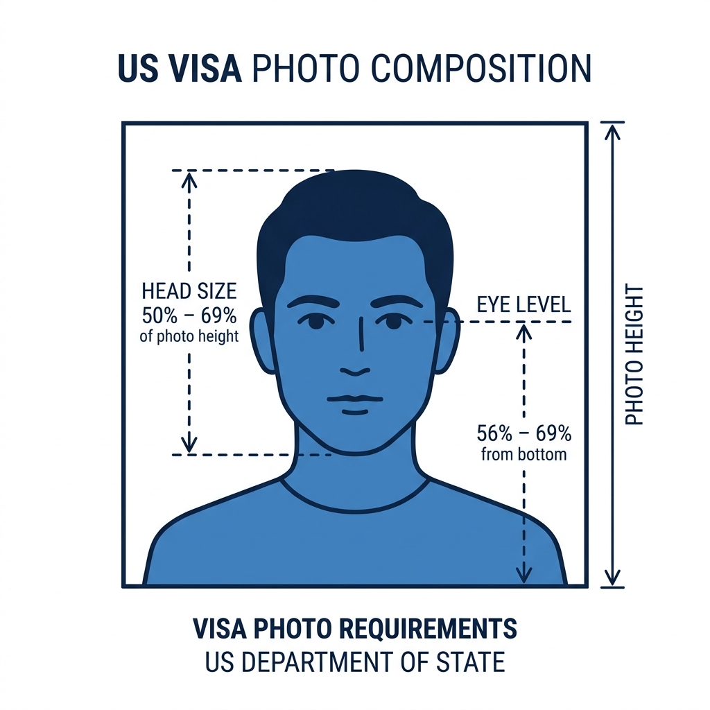 Face position specs, head size, eye alignment height guide illustration for US visa